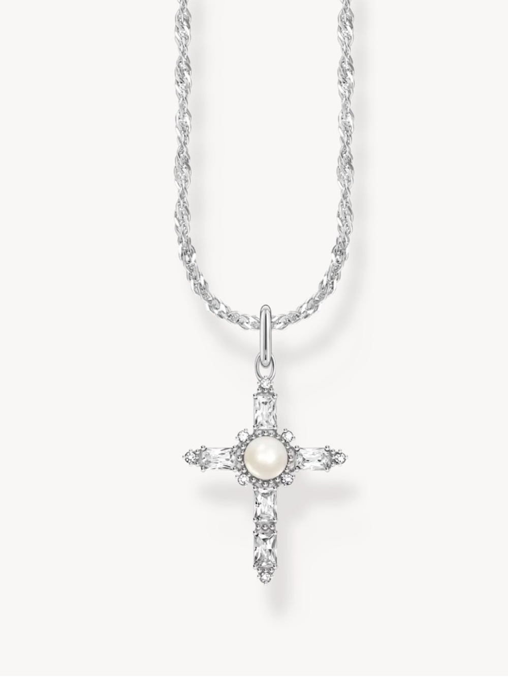 Silver Cross Pendant Necklace with White Pearl
